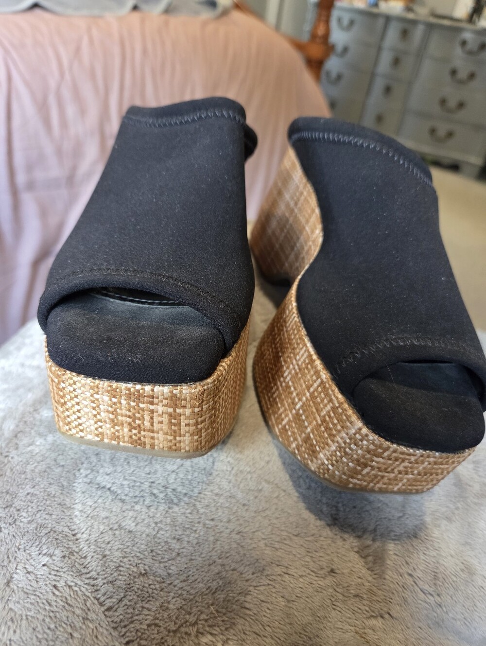 Lafayette 148 New York Black Open-Toe Platform Wedges with Woven Tan Heel
